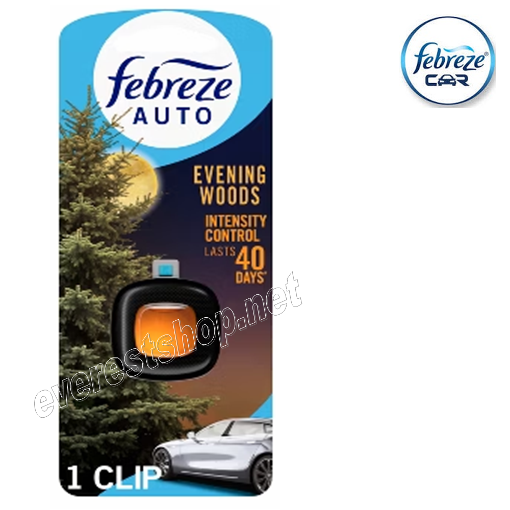 FEBREZE CAR VENT FRESHENER EVENING WOODS Febreze Car Vent Clip With Gain * Evening Woods * 2 ml x 6 pcs - Image 1